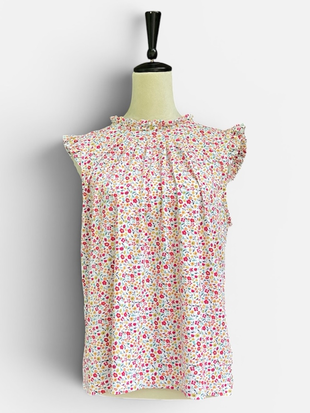 Adrianna Papell Ivory Cheerful Ditsy Floral Printed Ruffle High Neck Blouse